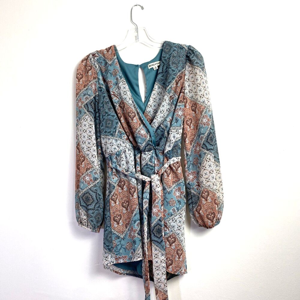 Inspired Hearts Floral Romper M Green Paisley Feminine Balloon Long Sleeves